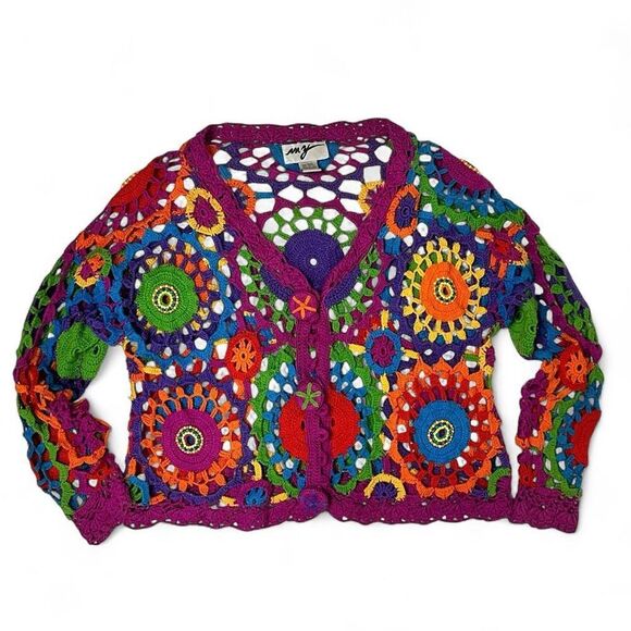 Vintage ‘80s Rainbow Floral Crochet Radial Rainbow Cardigan OSFM Boho Festival - Picture 3 of 15